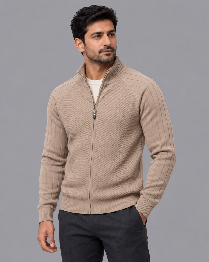 Men's Cardigan - Diamond Knit Full Zip Stand Collar Regular Fit