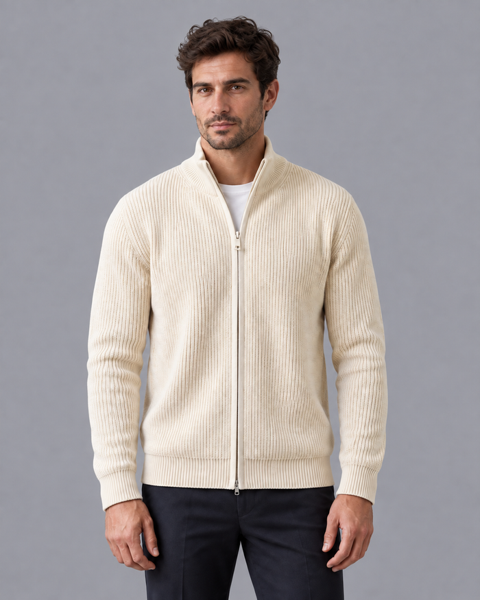 Men's Cardigan - Zip Up Ribbed Knit Stand Collar Regular Fit