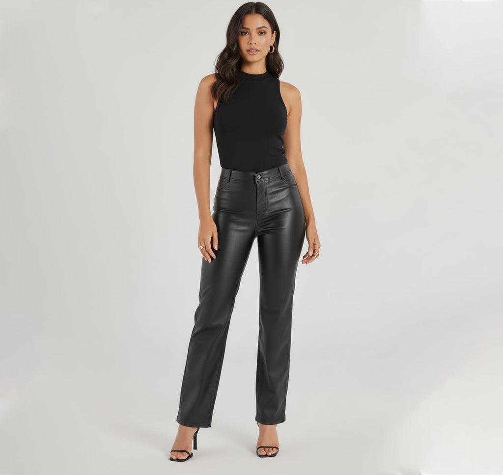 Women's Black Faux Leather Pants High Rise Slim Fit