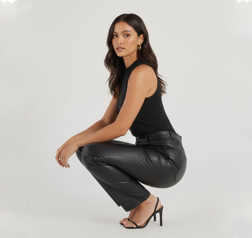 Women's Black Faux Leather Pants High Rise Slim Fit