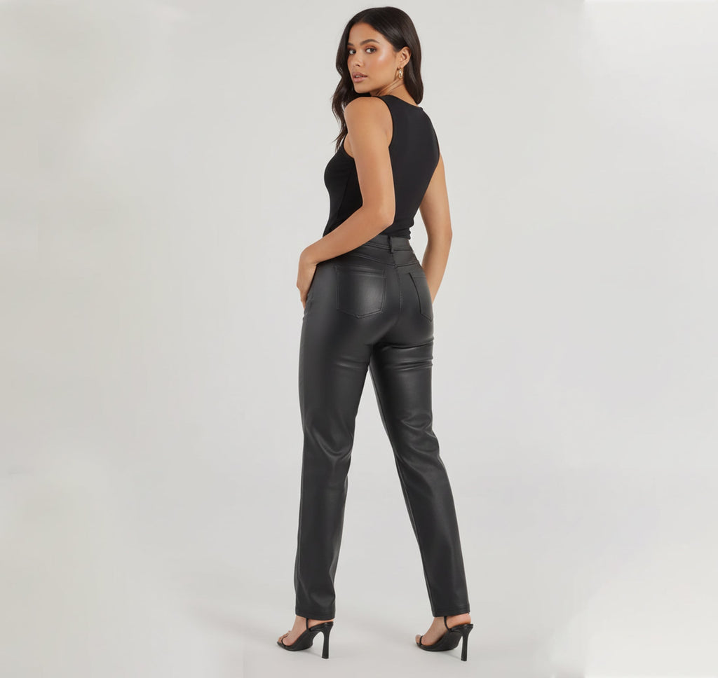 Women's Black Faux Leather Pants High Rise Slim Fit