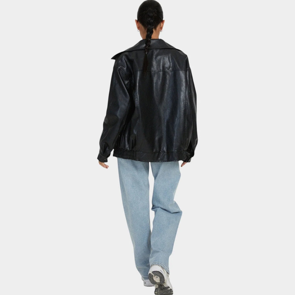 Women's Oversized Faux Leather Zip-Up Bomber Jacket