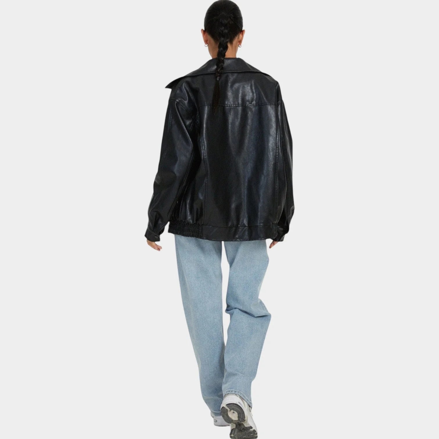 Women's Oversized Faux Leather Zip-Up Bomber Jacket
