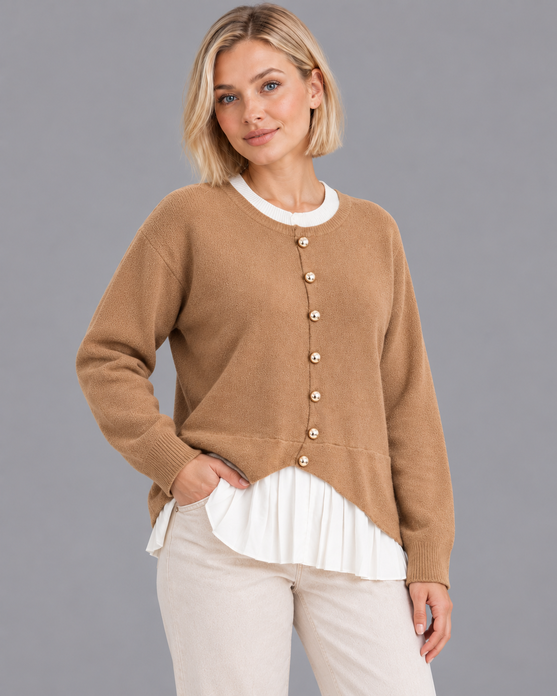 Women's Layered Cardigan - Pleated Hem Button Front Knit