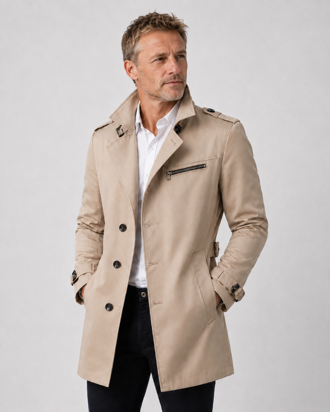 Men's Belted Trench Coat Classic Tailored Style - front view