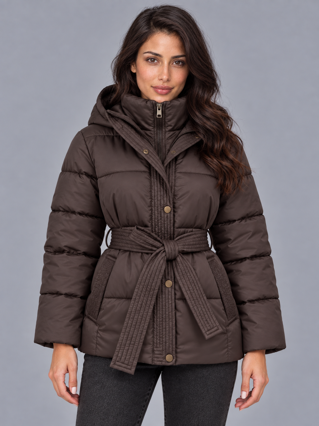 Women's Hooded Puffer Jacket - Quilted Belted Winter Coat