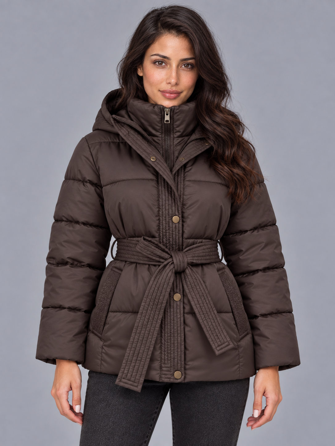 Women's Hooded Puffer Jacket - Quilted Belted Winter Coat