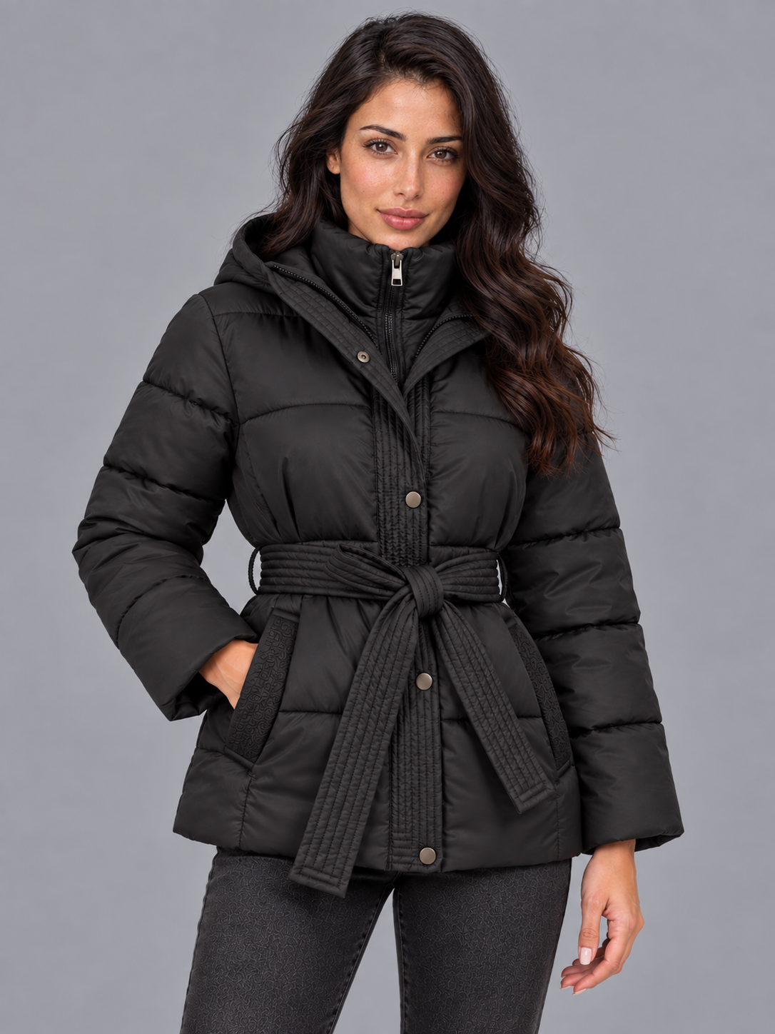 Women's Hooded Puffer Jacket - Quilted Belted Winter Coat