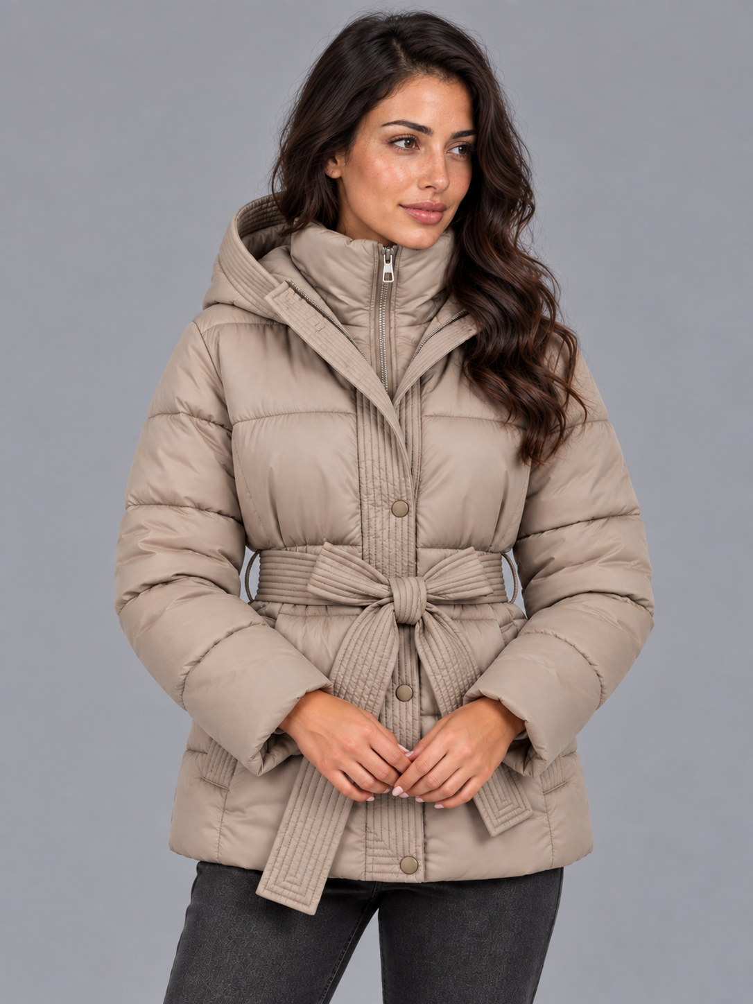 Women's Hooded Puffer Jacket - Quilted Belted Winter Coat