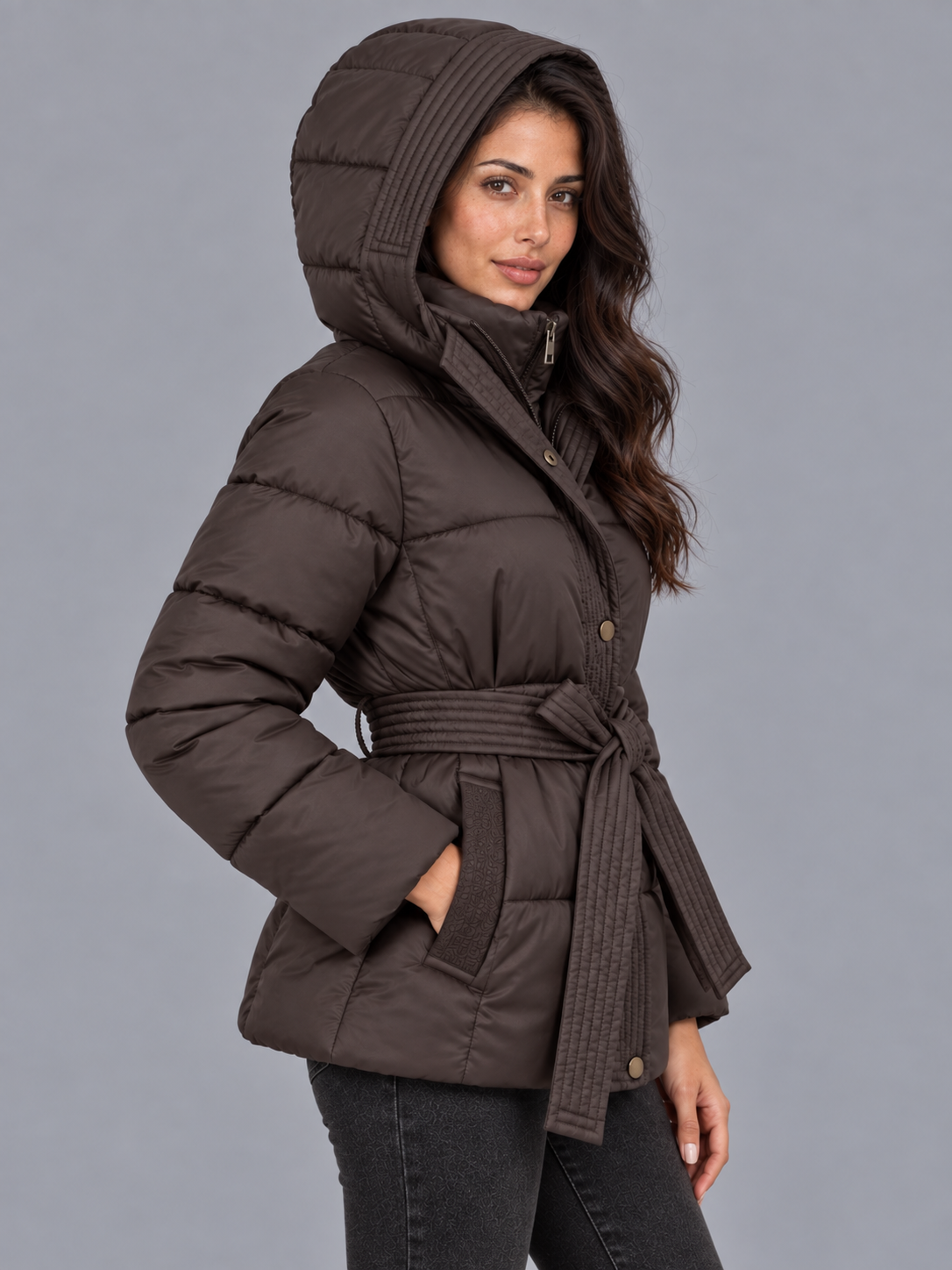 Women's Hooded Puffer Jacket - Quilted Belted Winter Coat