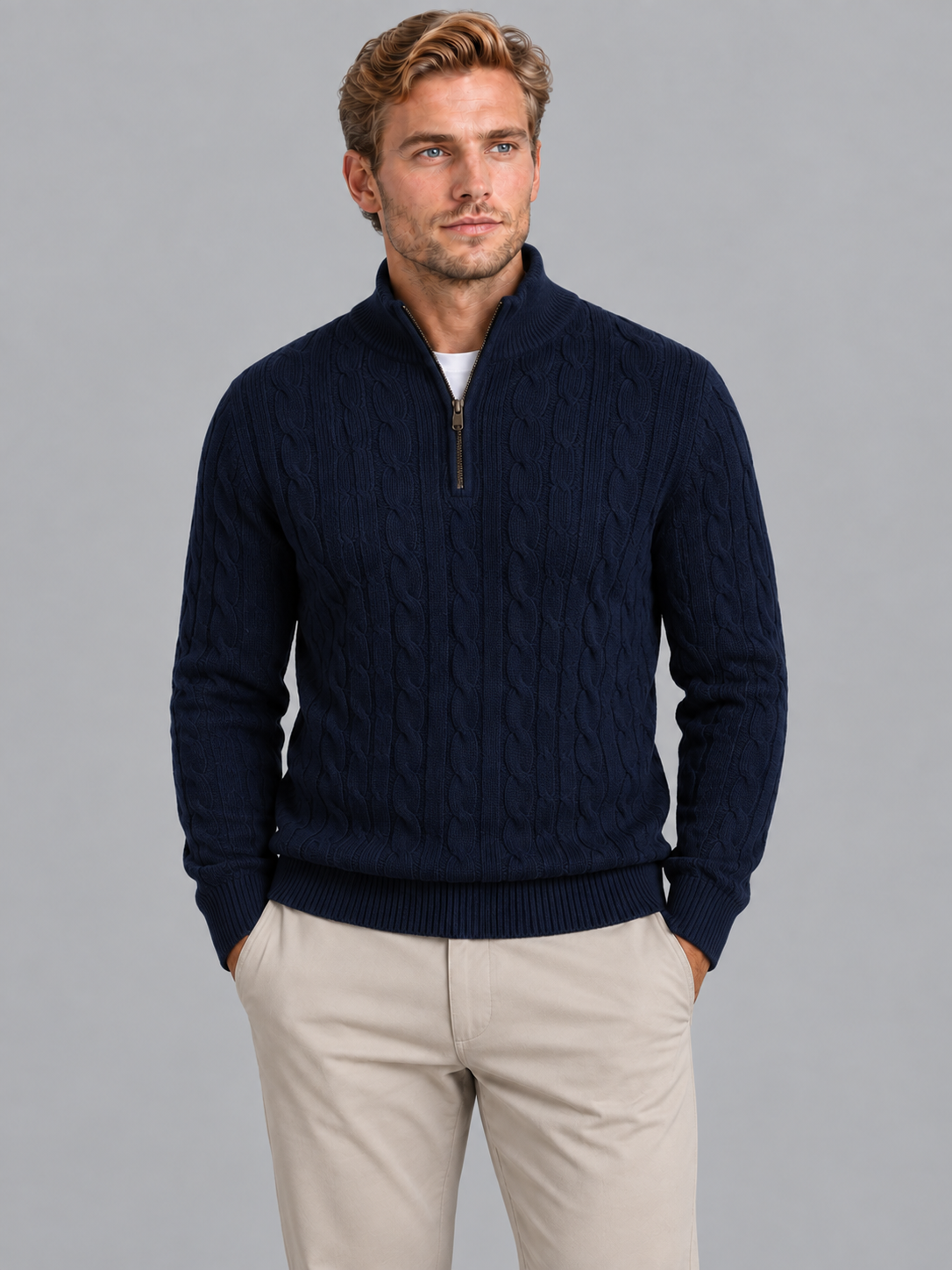 Men's Quarter Zip Jumper - Cable Knit Chunky Stand Collar