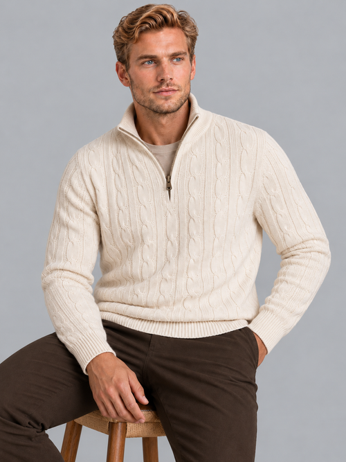 Men's Quarter Zip Jumper - Cable Knit Chunky Stand Collar