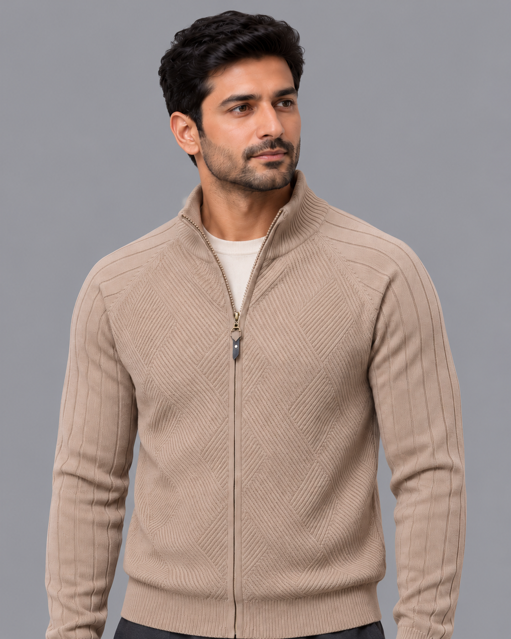 Men's Cardigan - Diamond Knit Full Zip Stand Collar Regular Fit
