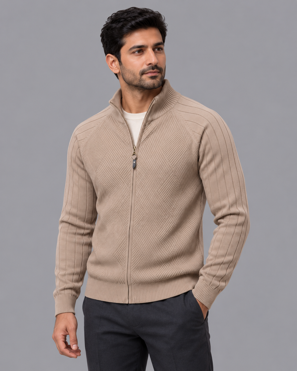Men's Cardigan - Diamond Knit Full Zip Stand Collar Regular Fit
