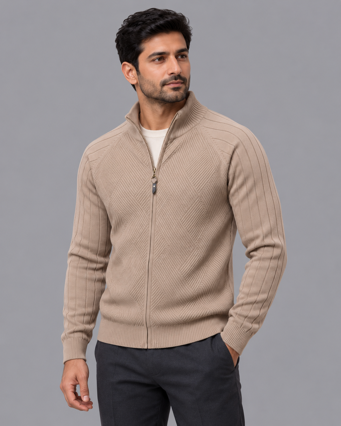 Men's Cardigan - Diamond Knit Full Zip Stand Collar Regular Fit