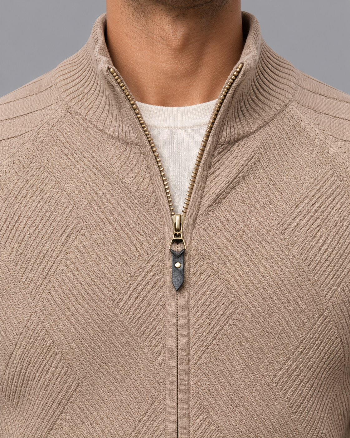 Men's Cardigan - Diamond Knit Full Zip Stand Collar Regular Fit
