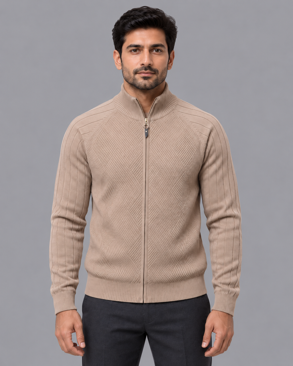 Men's Cardigan - Diamond Knit Full Zip Stand Collar Regular Fit
