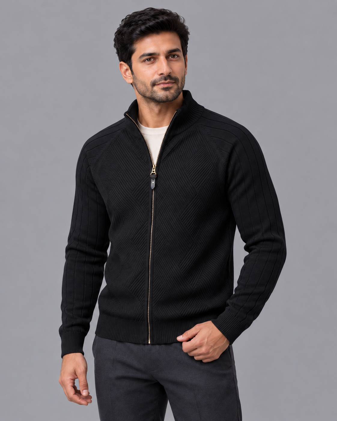 Men's Cardigan - Diamond Knit Full Zip Stand Collar Regular Fit