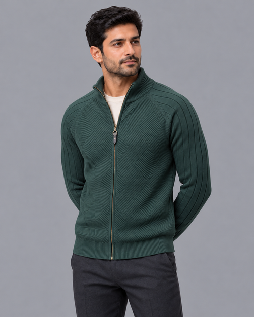Men's Cardigan - Diamond Knit Full Zip Stand Collar Regular Fit