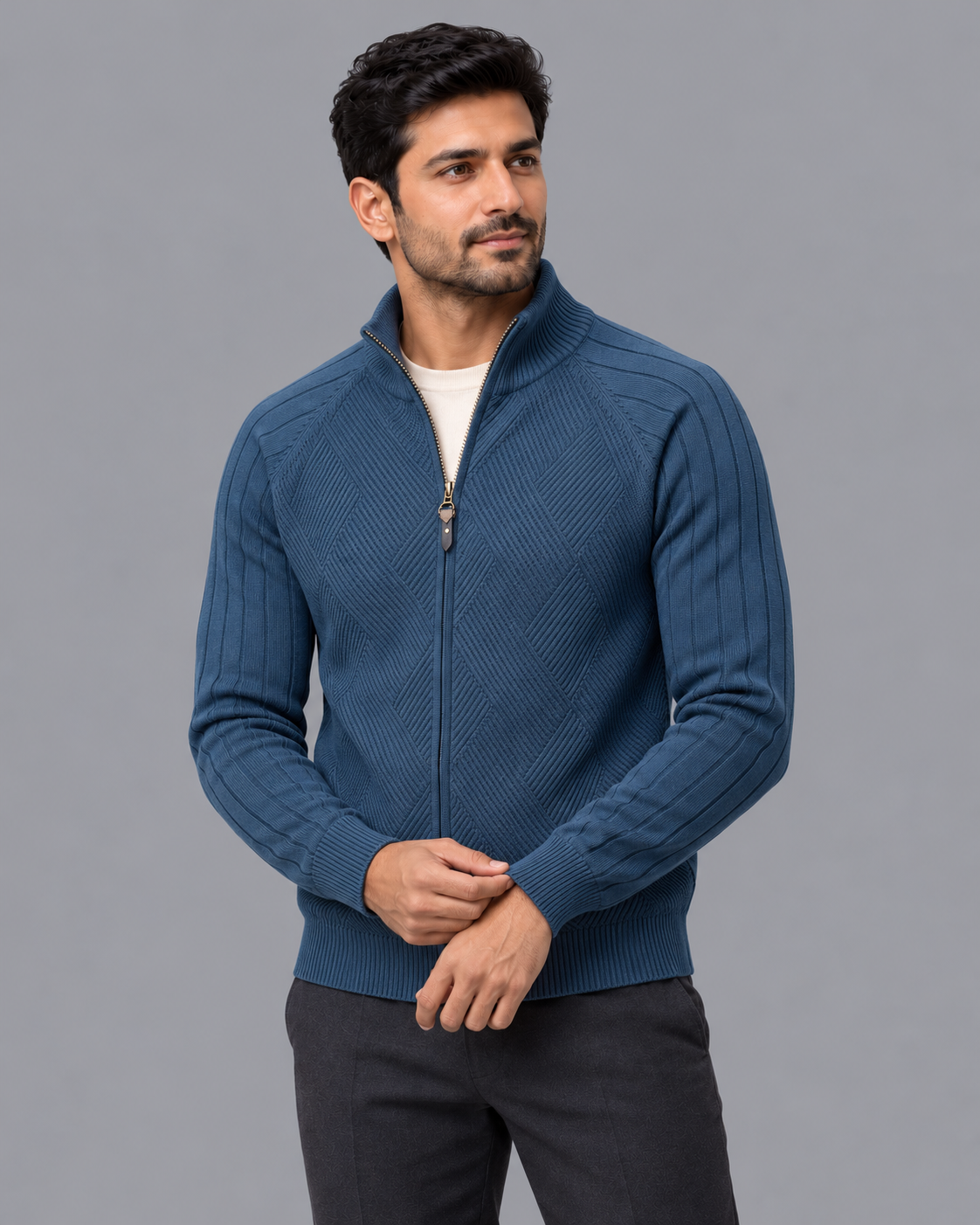 Men's Cardigan - Diamond Knit Full Zip Stand Collar Regular Fit