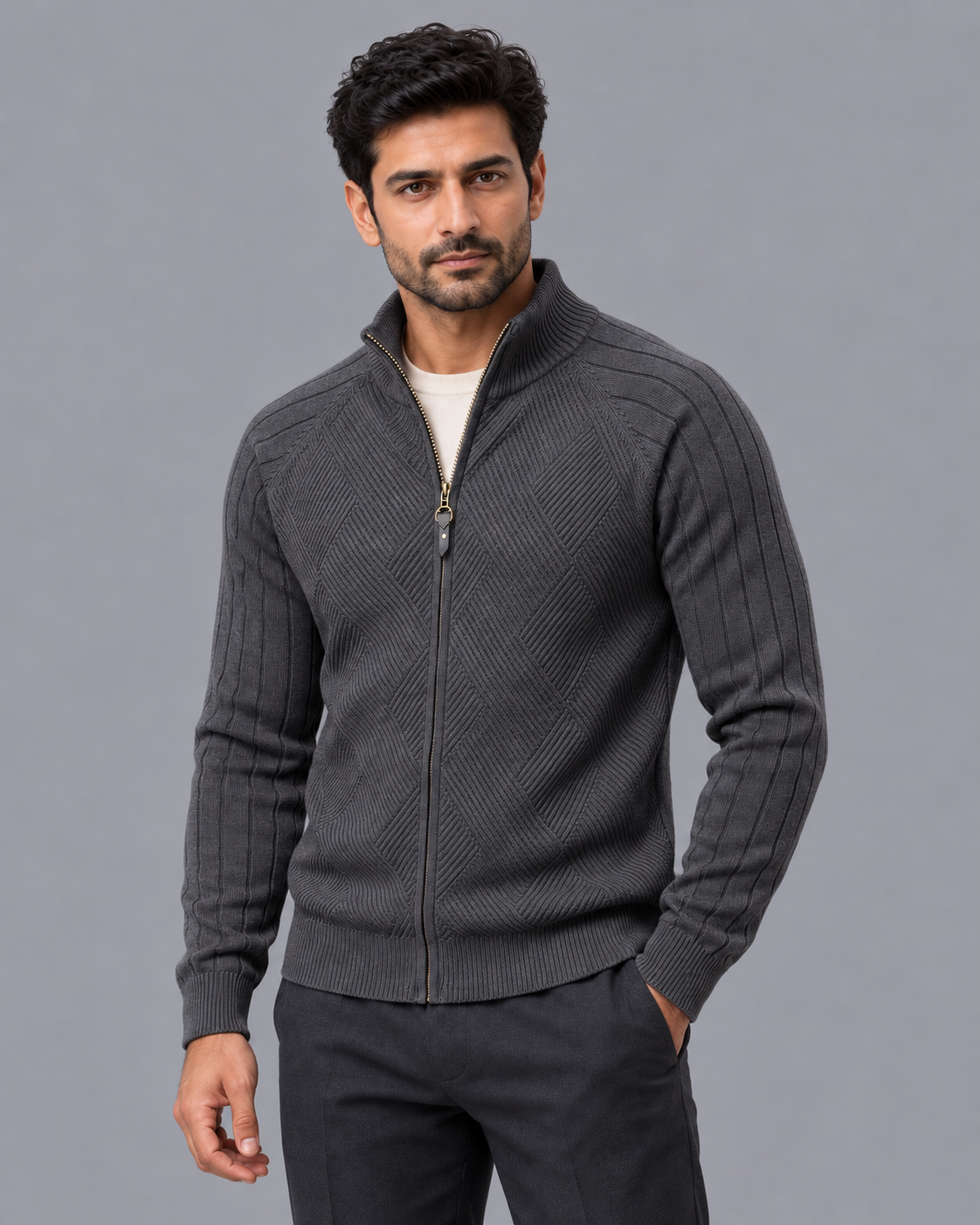 Men's Cardigan - Diamond Knit Full Zip Stand Collar Regular Fit