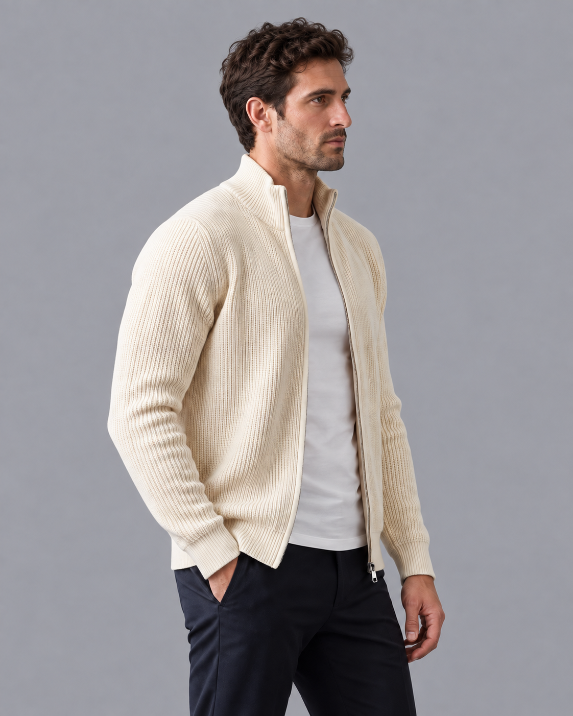 Men's Cardigan - Zip Up Ribbed Knit Stand Collar Regular Fit