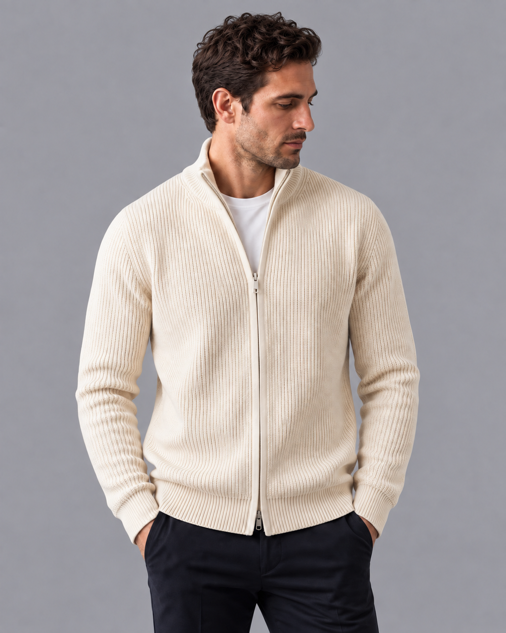 Men's Cardigan - Zip Up Ribbed Knit Stand Collar Regular Fit