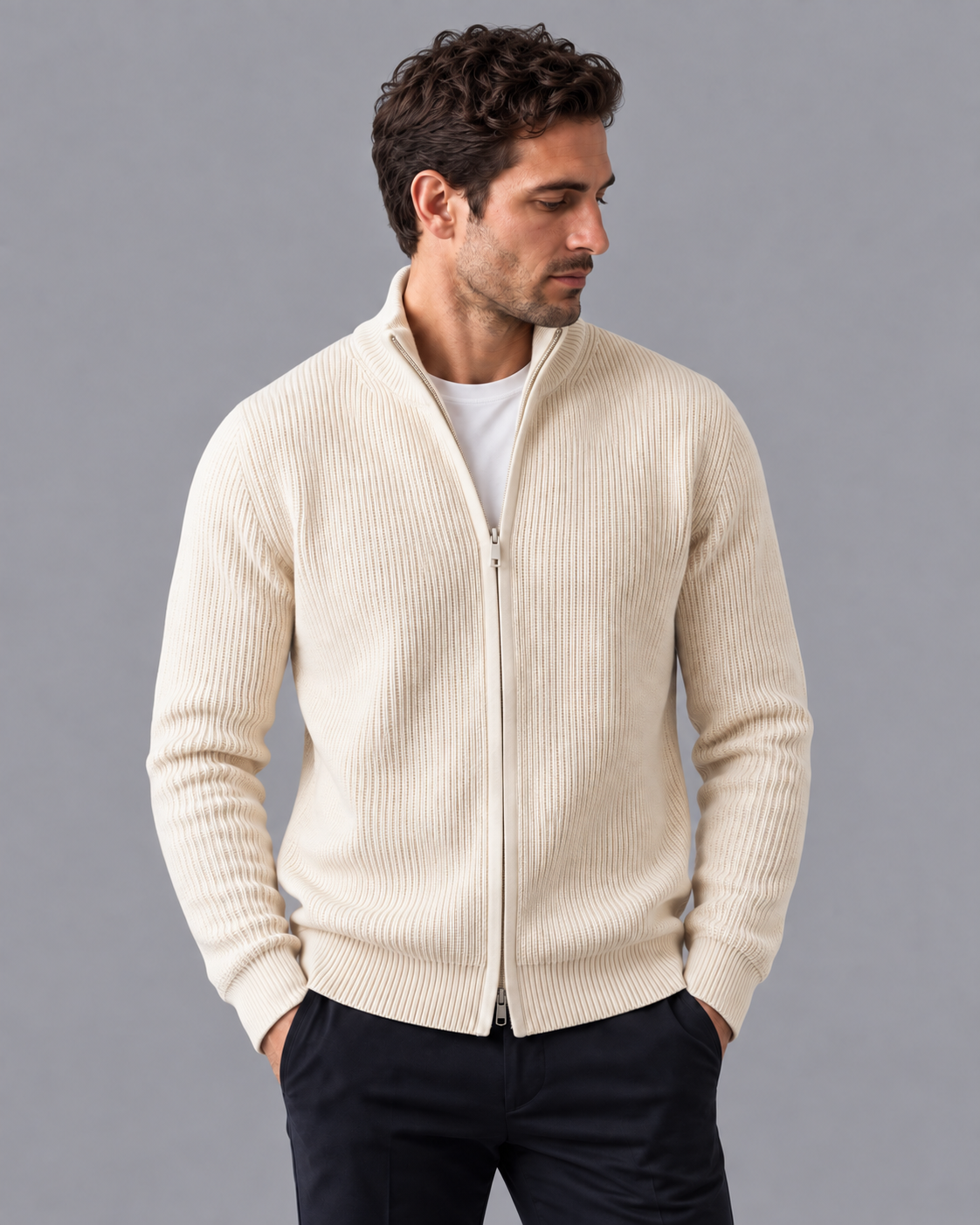 Men's Cardigan - Zip Up Ribbed Knit Stand Collar Regular Fit