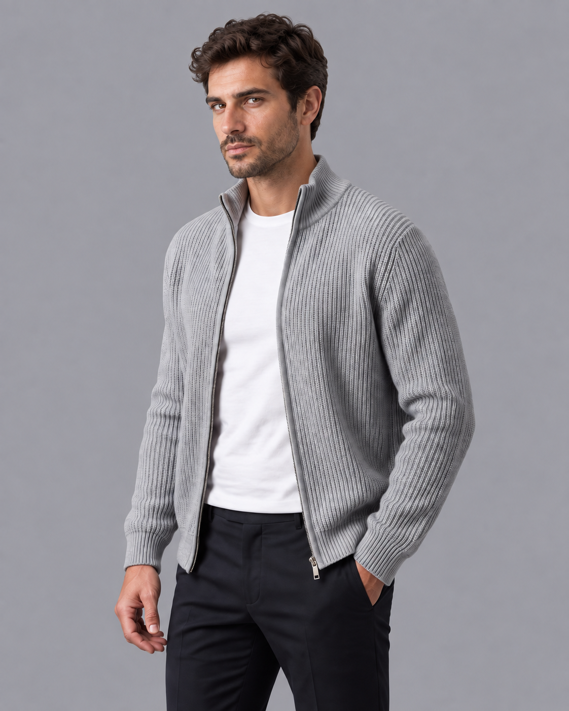 Men's Cardigan - Zip Up Ribbed Knit Stand Collar Regular Fit