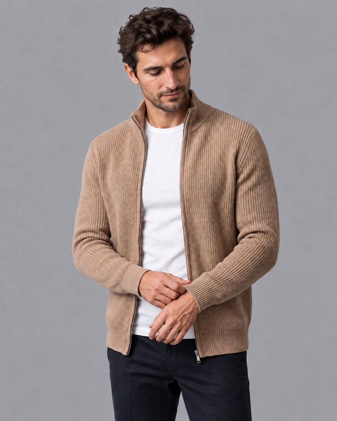 Men's Cardigan - Zip Up Ribbed Knit Stand Collar Regular Fit