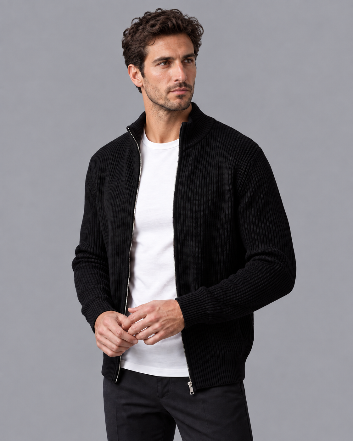 Men's Cardigan - Zip Up Ribbed Knit Stand Collar Regular Fit