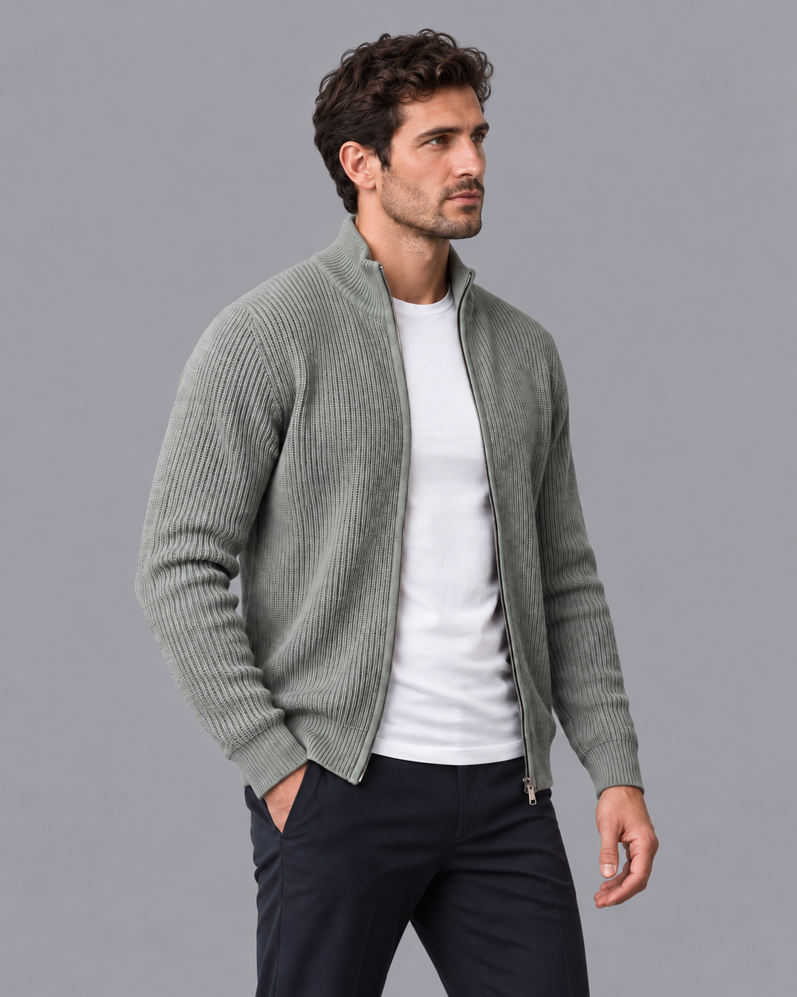 Men's Cardigan - Zip Up Ribbed Knit Stand Collar Regular Fit