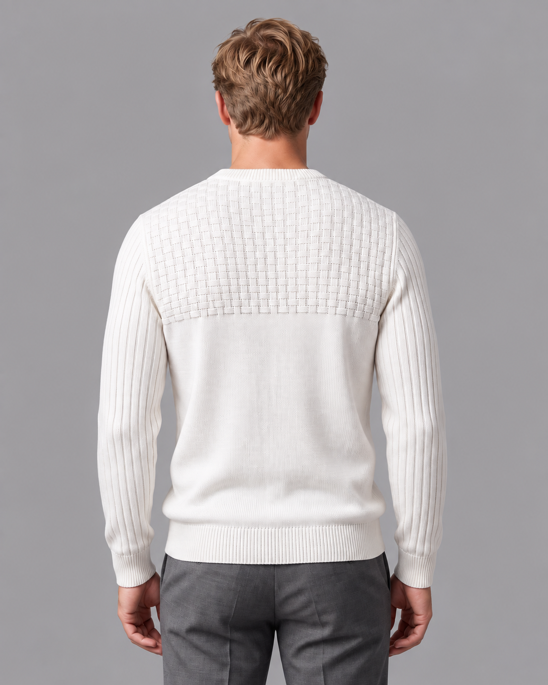 Men's Knitted Jumper - Basketweave Crew Neck Ribbed Regular Fit