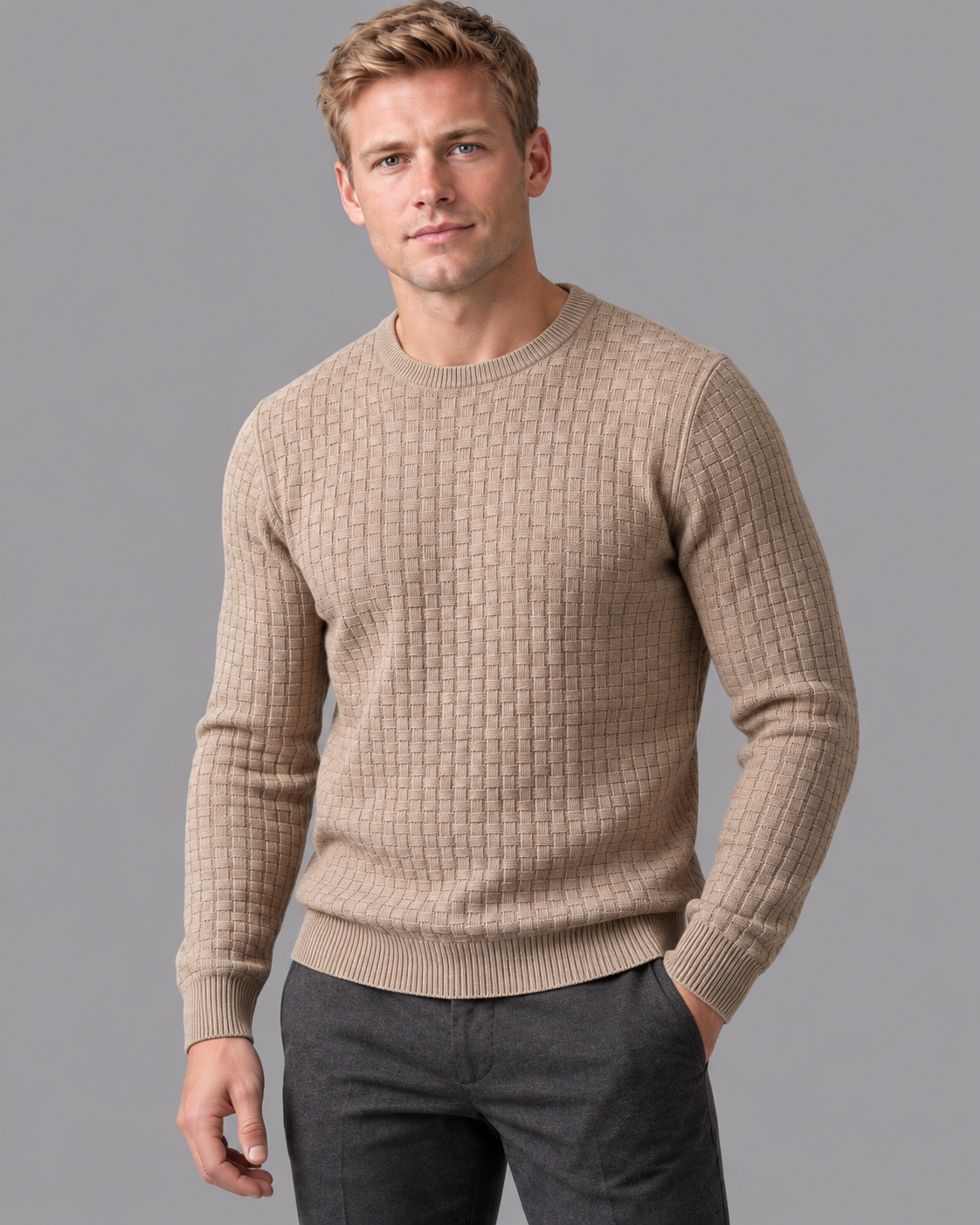 Men's Knitted Jumper - Basketweave Crew Neck Ribbed Regular Fit
