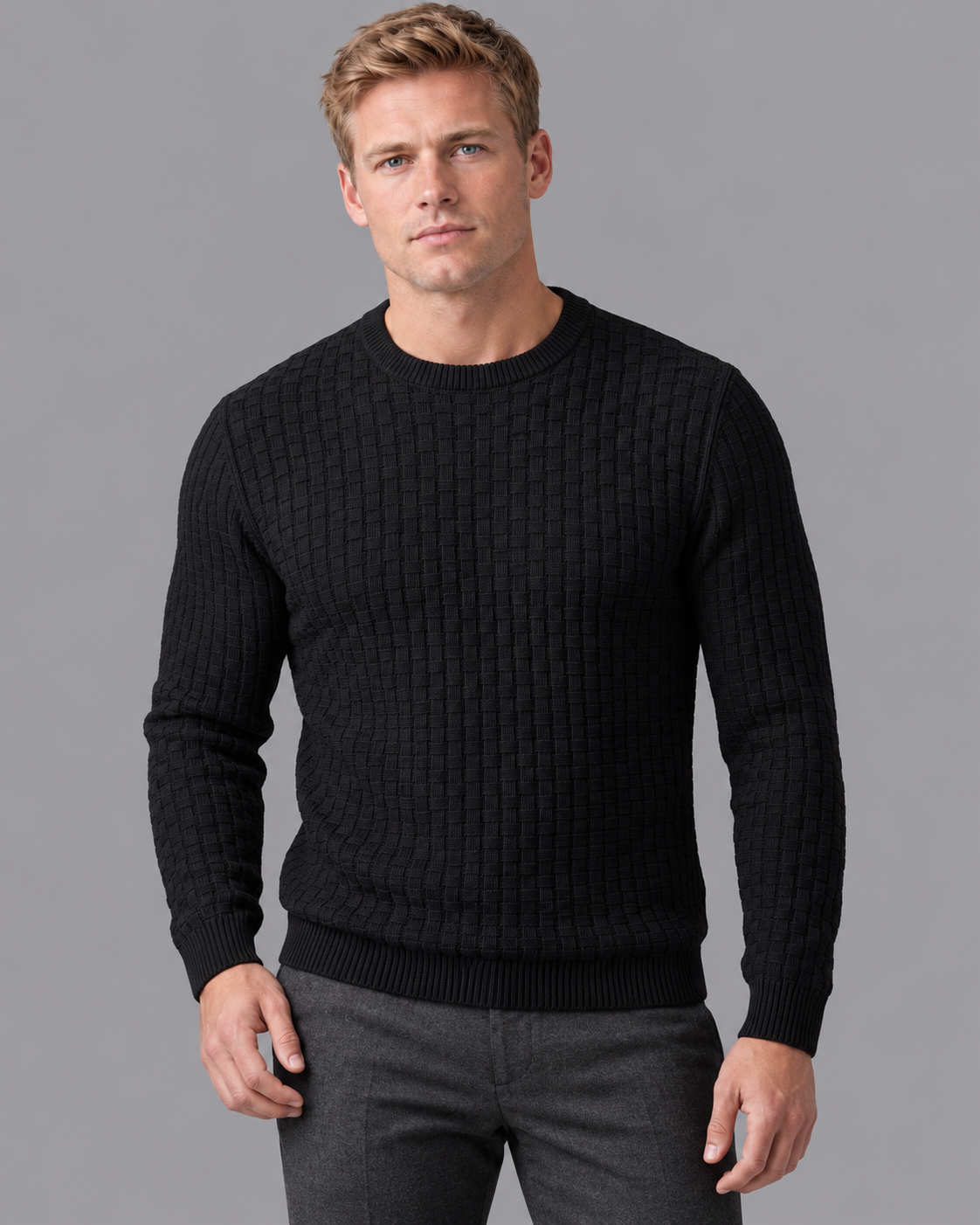 Men's Knitted Jumper - Basketweave Crew Neck Ribbed Regular Fit