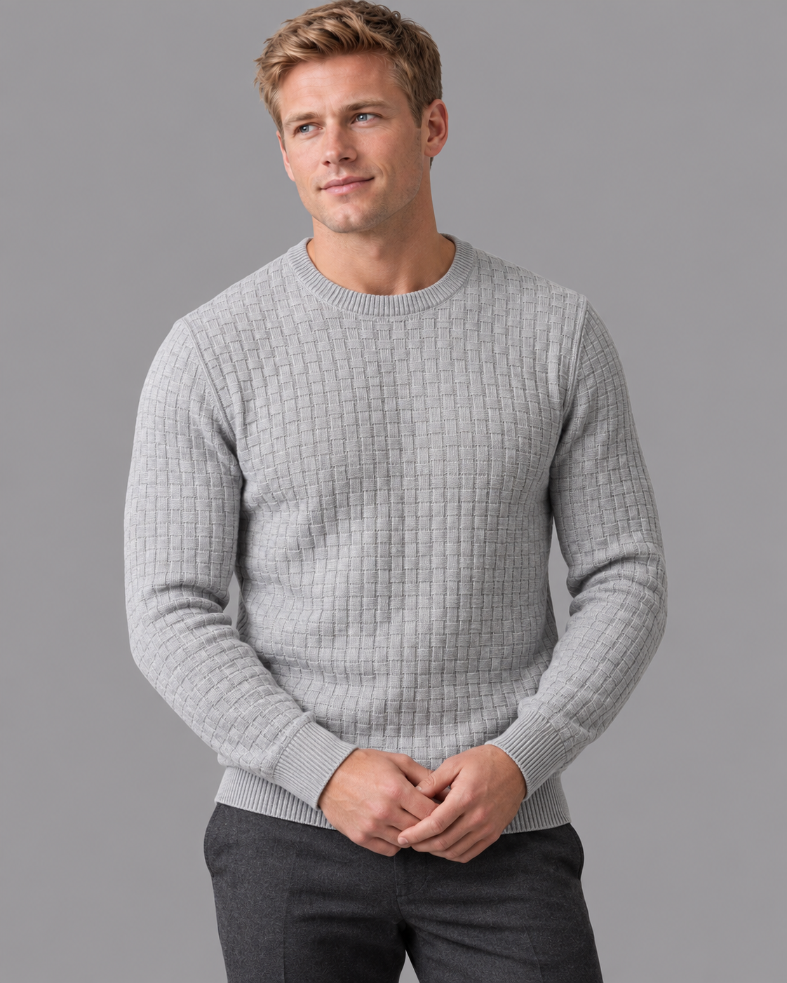 Men's Knitted Jumper - Basketweave Crew Neck Ribbed Regular Fit