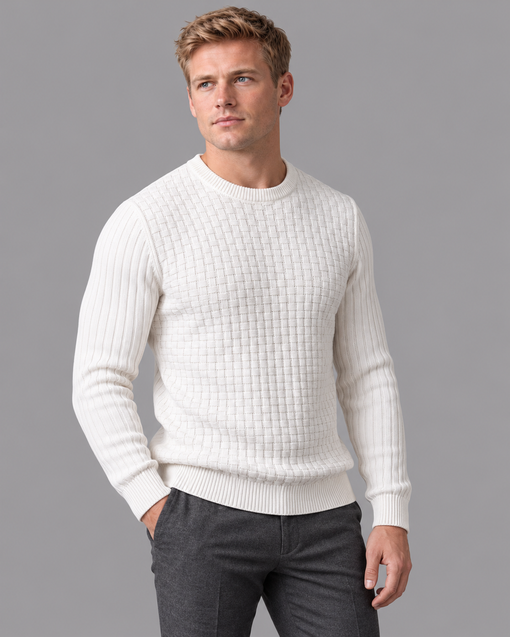 Men's Knitted Jumper - Basketweave Crew Neck Ribbed Regular Fit
