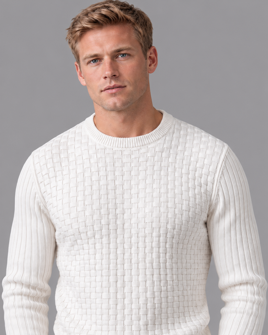 Men's Knitted Jumper - Basketweave Crew Neck Ribbed Regular Fit