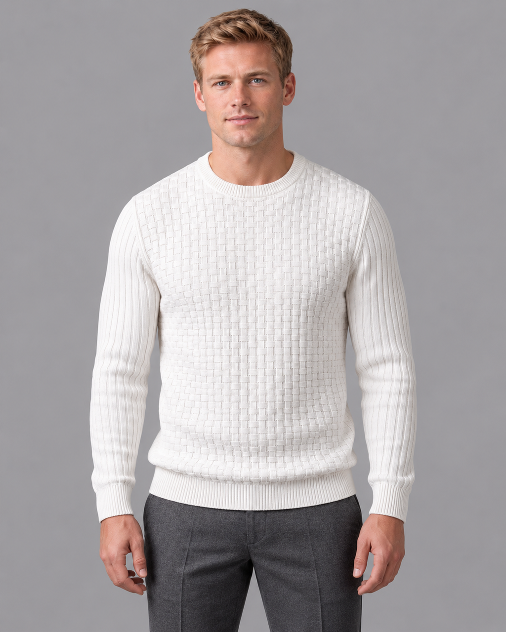 Men's Knitted Jumper - Basketweave Crew Neck Ribbed Regular Fit