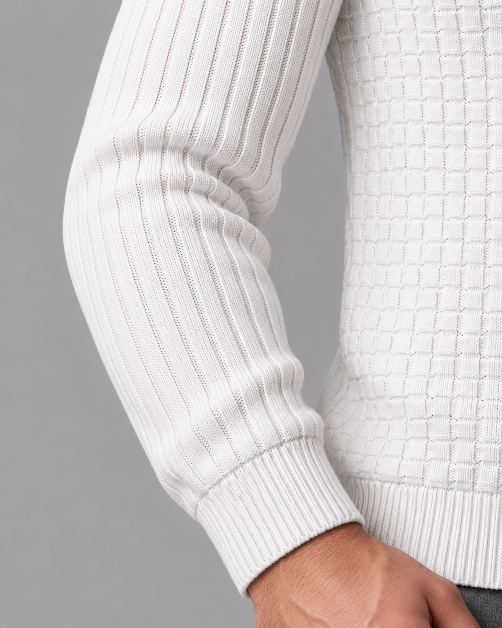 Men's Knitted Jumper - Basketweave Crew Neck Ribbed Regular Fit