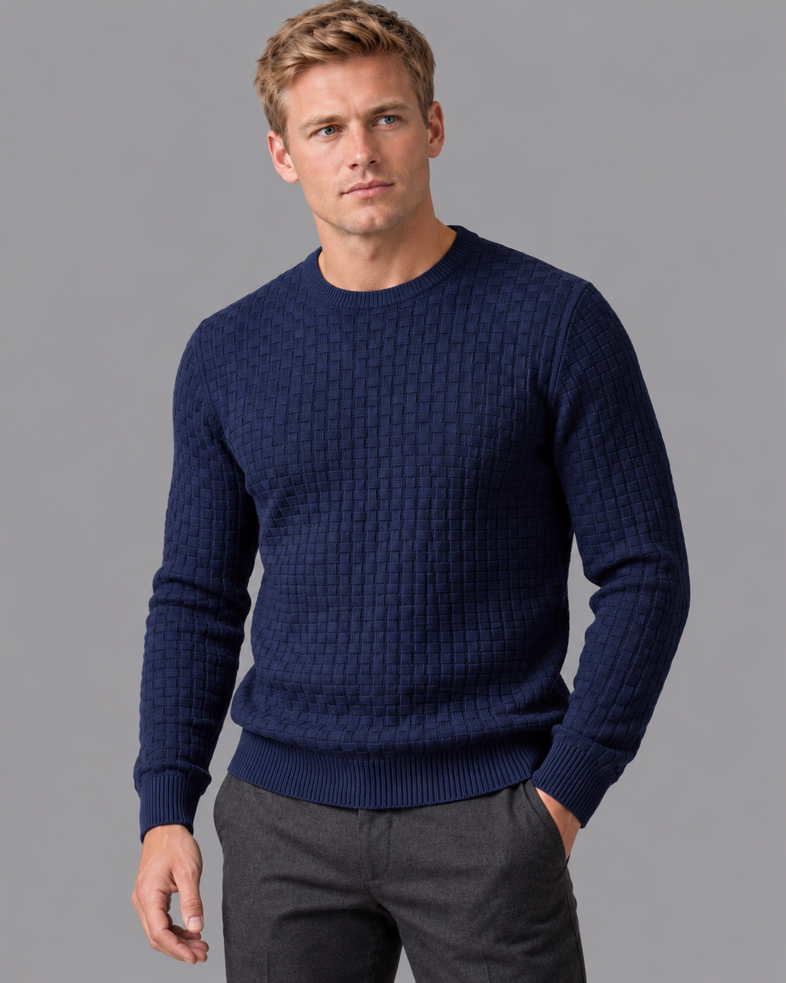 Men's Knitted Jumper - Basketweave Crew Neck Ribbed Regular Fit