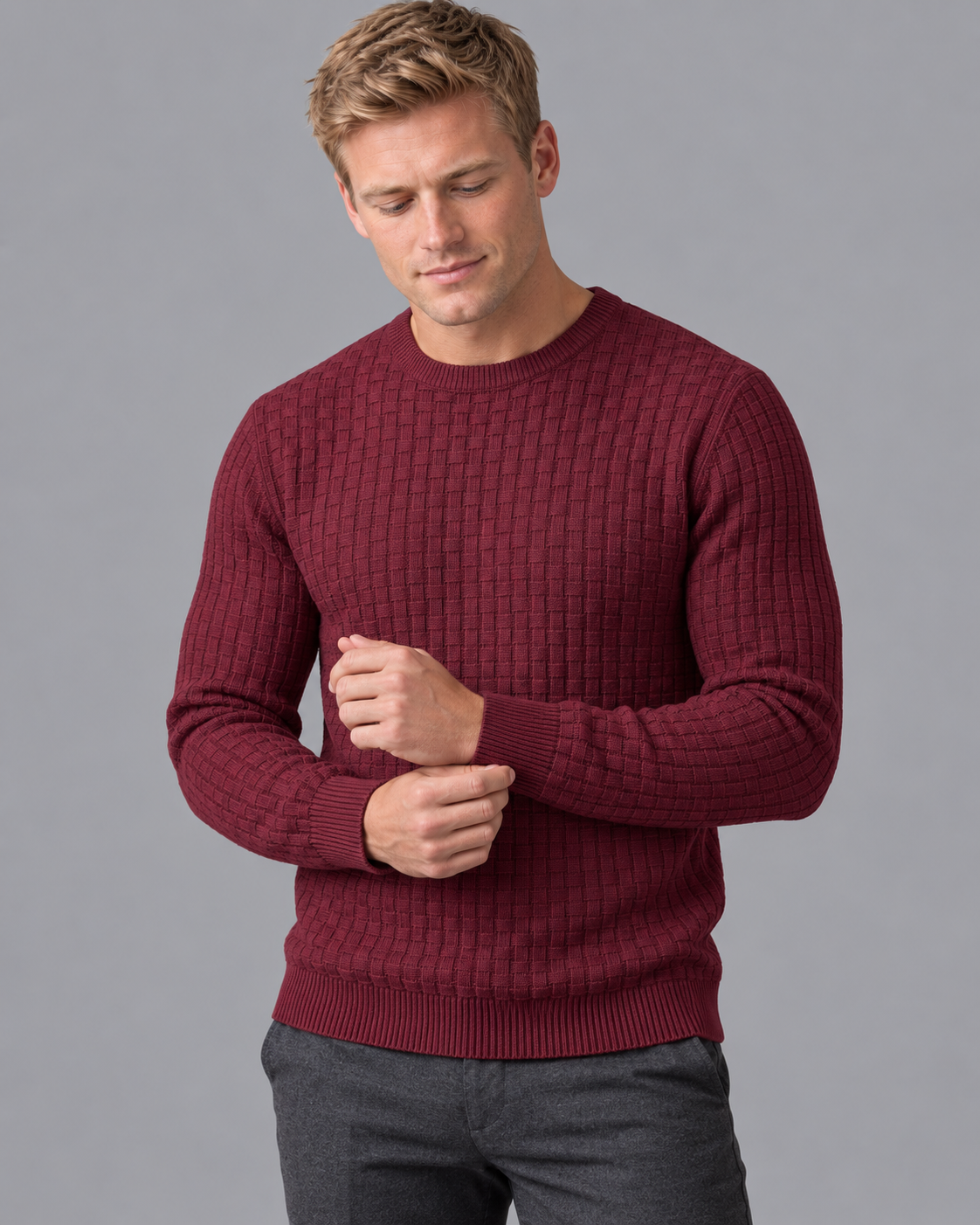 Men's Knitted Jumper - Basketweave Crew Neck Ribbed Regular Fit