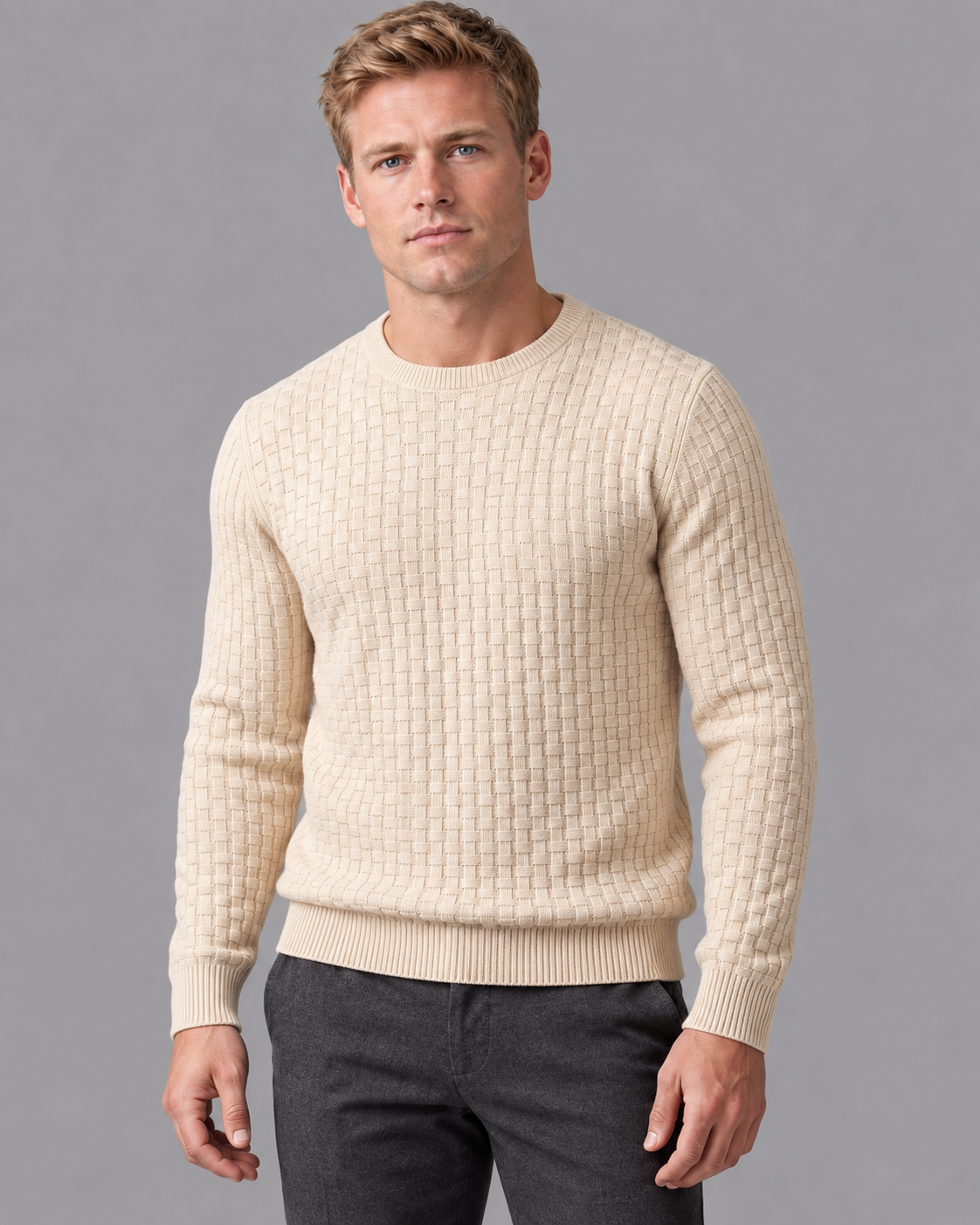 Men's Knitted Jumper - Basketweave Crew Neck Ribbed Regular Fit