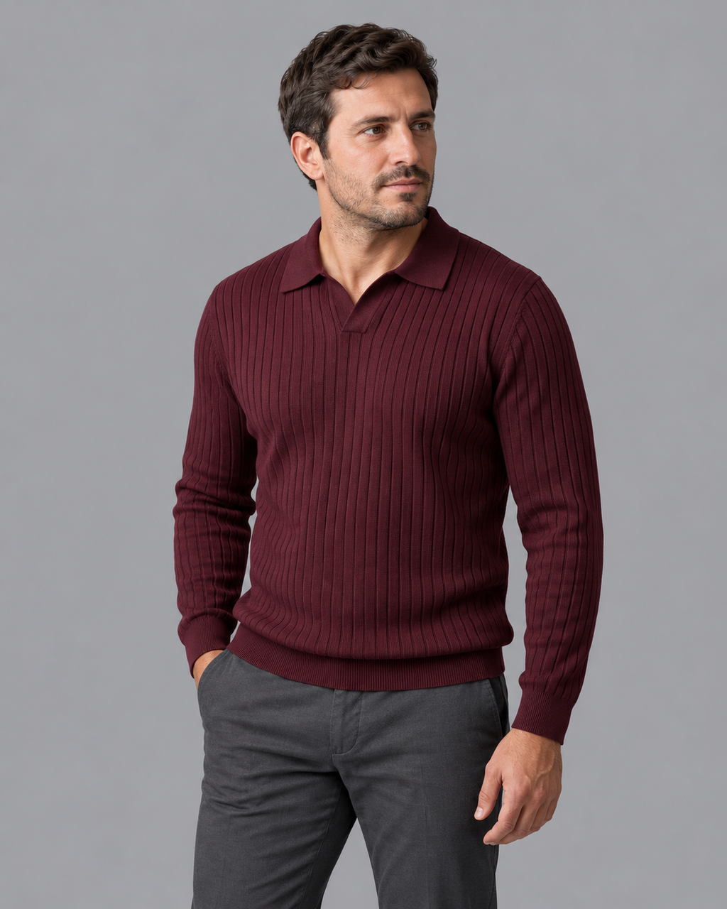Men's Knitted Polo - Ribbed Open Collar V Neck Regular Fit