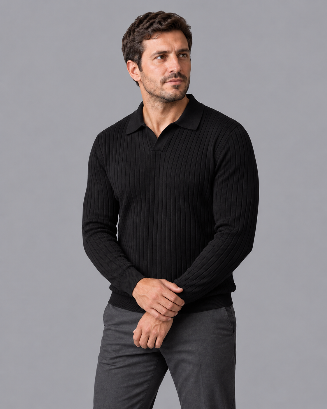 Men's Knitted Polo - Ribbed Open Collar V Neck Regular Fit