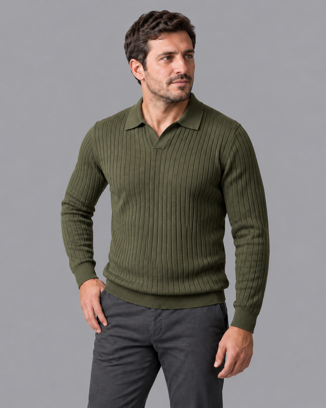 Men's Knitted Polo - Ribbed Open Collar V Neck Regular Fit