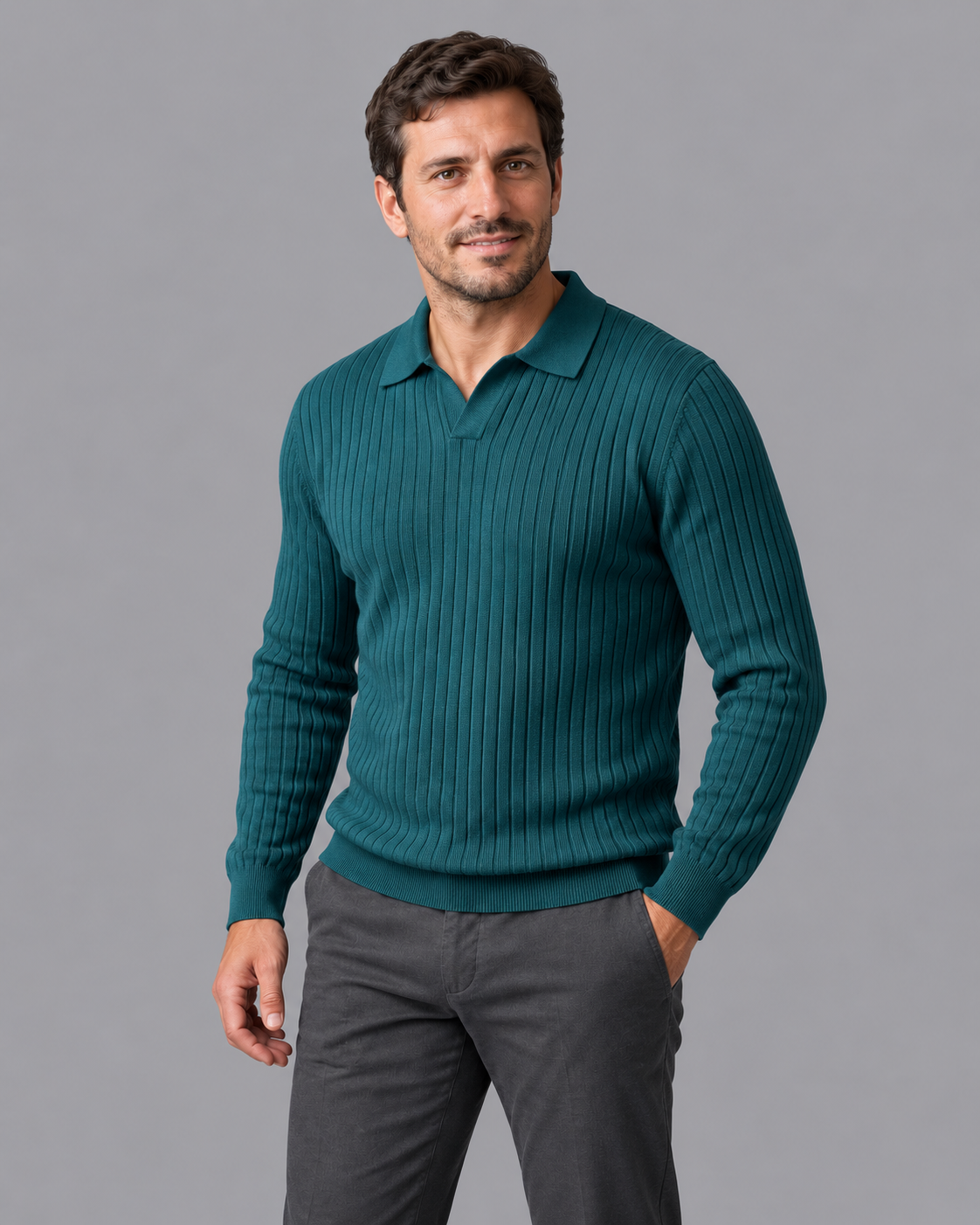 Men's Knitted Polo - Ribbed Open Collar V Neck Regular Fit