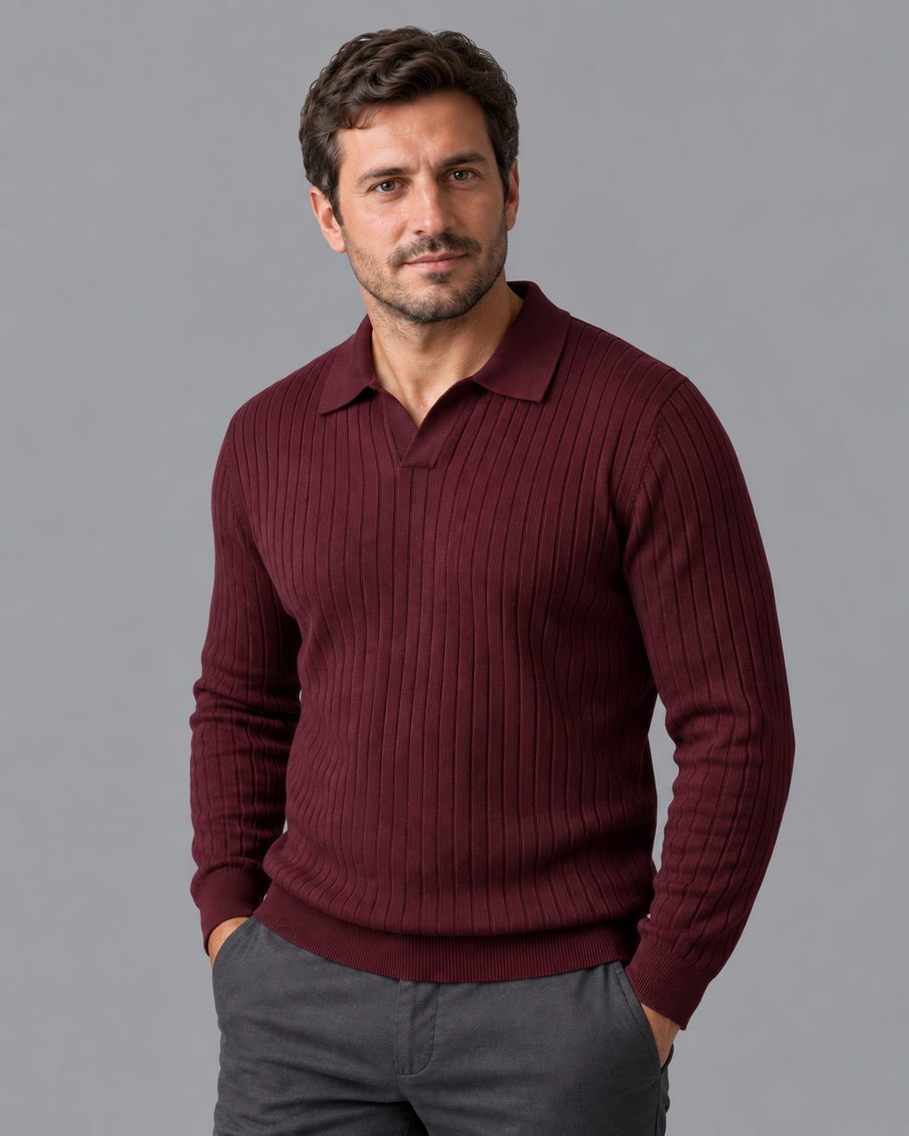 Men's Knitted Polo - Ribbed Open Collar V Neck Regular Fit