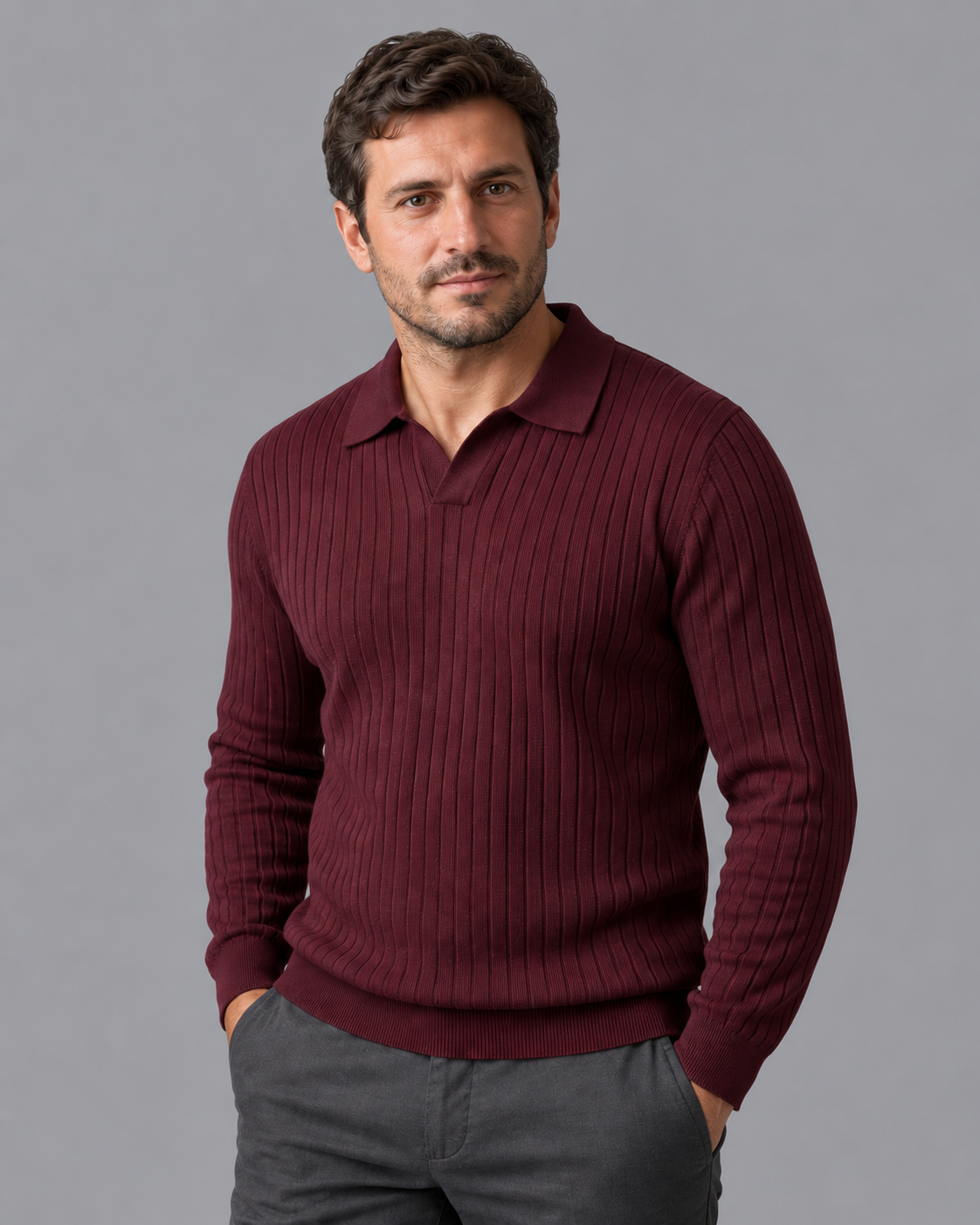 Men's Knitted Polo - Ribbed Open Collar V Neck Regular Fit