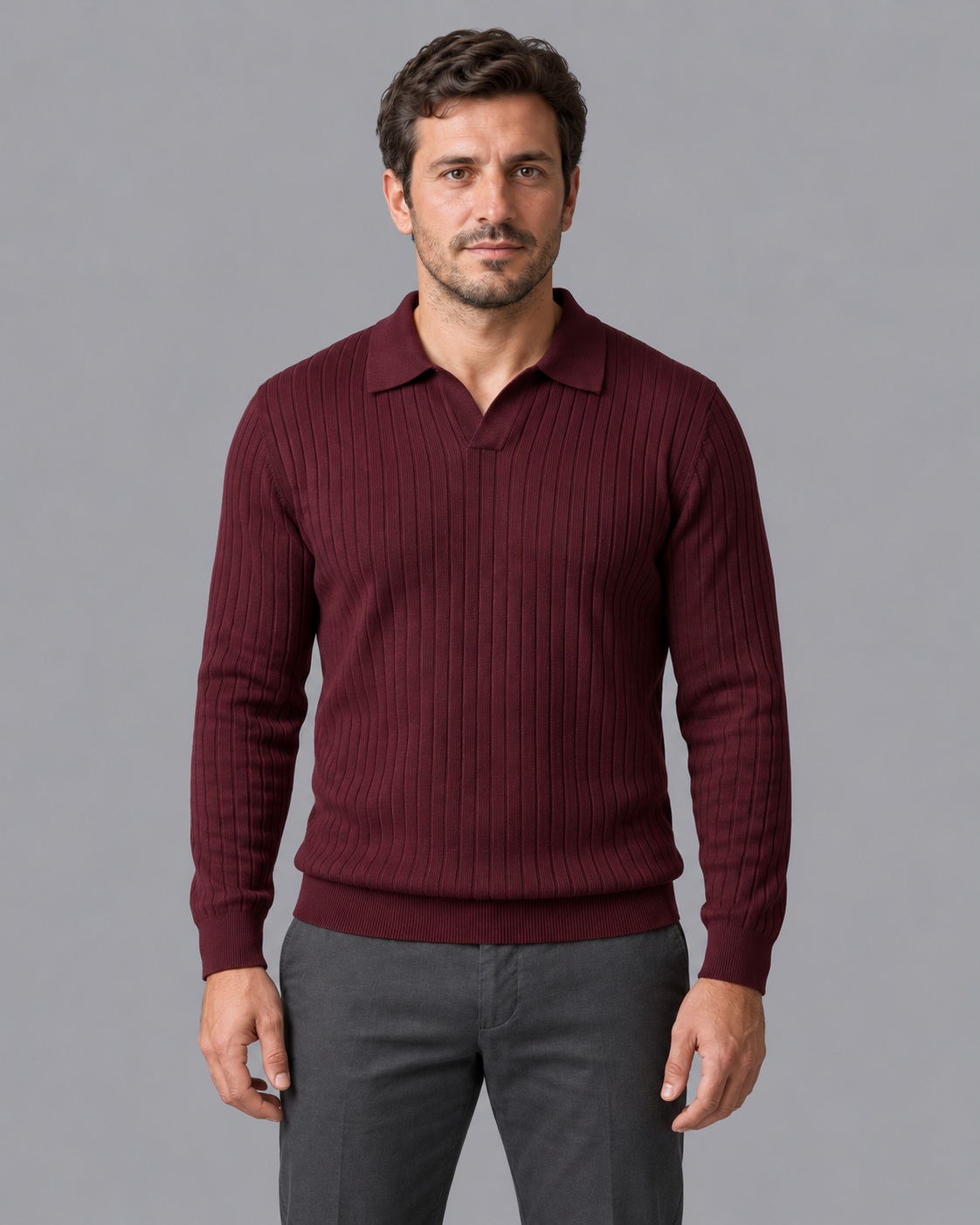 Men's Knitted Polo - Ribbed Open Collar V Neck Regular Fit
